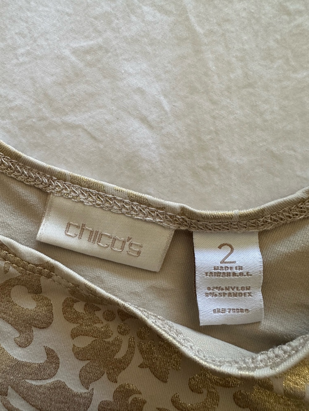 Chico's Gold Metallic Scroll Print Top on Cream, size medium (2) - Picture 5 of 9